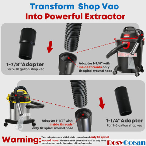 Universal Hand Tool For Truck Mount And Portable Extractor Vacuum Cleaners diagram showing adapters and spiral wound hoses.