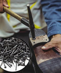 1000 Pack Half Inch Black Iron Shoe Nails Rust Resistant Boot Studs Rock Solid Fasteners being used for shoe repair in cobbler workshop.