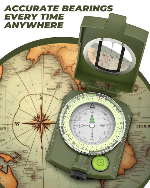 Rugged Lensatic Sighting Compass With Carrying Bag Waterproof And Shakeproof Army Green on vintage map background