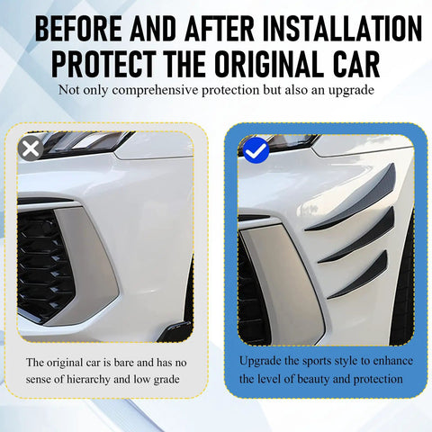 Before and after installation of Universal Car Spoiler Canards Kit Front Bumper Lip Splitter Set in Glossy Black on car bumper.