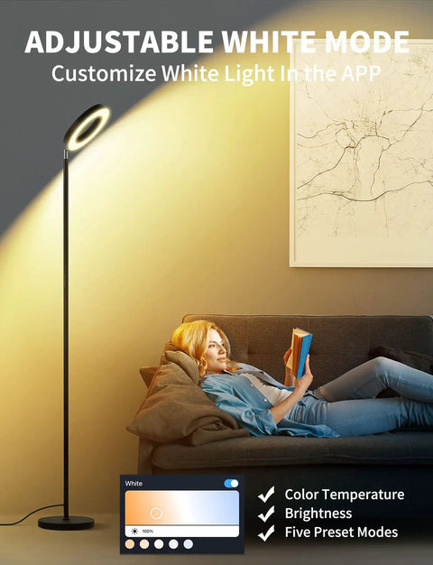 Smart RGBW Floor Lamp With Double Side Lighting 2400 Lumen Dimmable LED Standing Lamp next to a couch