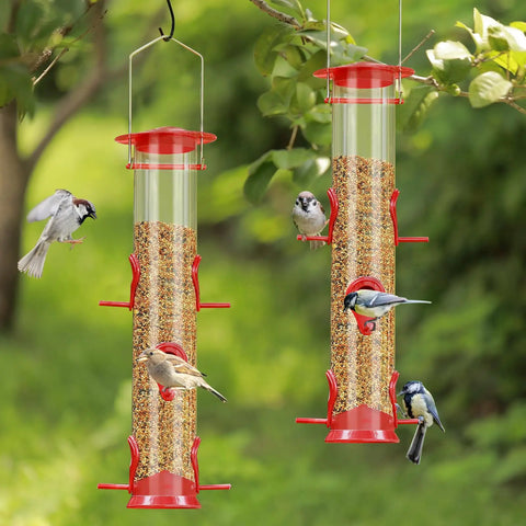 2 Pack Outdoor Bird Feeders With 6 Feeding Ports in clear tubes hanging with birds on each port in a garden setting.
