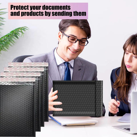 People examining Black Bubble Mailers Set Of 50 Waterproof Self Seal Padded Envelopes For Shipping And Packing, 3 sizes.