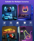 RGBIC Neon Rope Lights 32.8Ft With 64 Presets in various room setups showcasing DIY and mood lighting modes with flexible softer material.