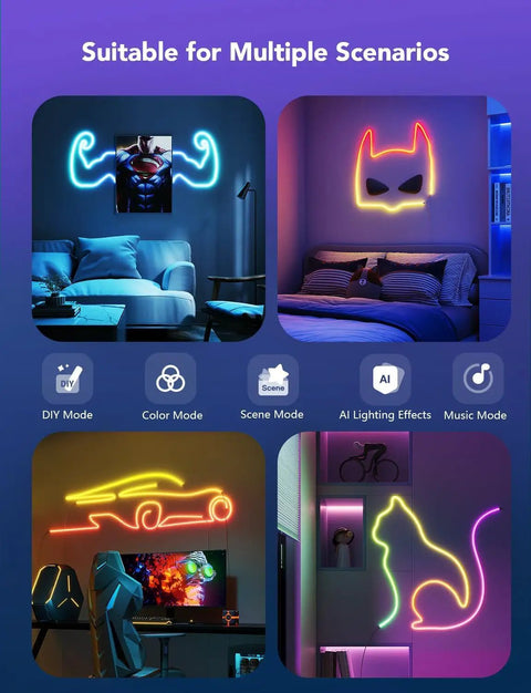 RGBIC Neon Rope Lights 32.8Ft With 64 Presets in various room setups showcasing DIY and mood lighting modes with flexible softer material.