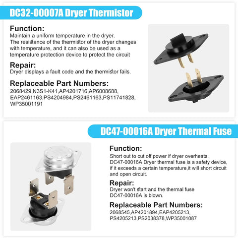 DC32-00007A thermistor and DC47-00016A thermal fuse for Dryer Heating Element Replacement Kit Fits DV45H7000EW A2 DVE50R5400V A3