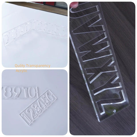 Premium Uppercase Letter Template Routing Guide With Rock Solid Acrylic Stencil For Woodworking And Sign Making Plus Dope Diy Craft Projects Featuring Killer Engraving Precision That Works Smoothly With Standard Quarter Inch Router Bits displayed in clear acrylic showing numbers and letters.