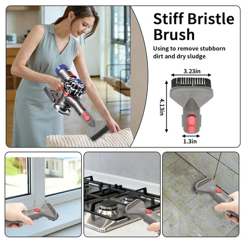 Replacement Attachment Kit For V15 V15s V12 V11 V10 V9 V8 V7 Gen5 Cordless Vacuum Cleaners showing stiff bristle brush in use