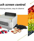 Six Layer Stainless Steel Food Dehydrator Dries Fruit Vegetable Jerky And Herbs Quick With 400W Power on counter with fresh fruits nearby.