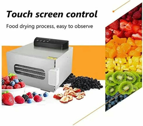 Six Layer Stainless Steel Food Dehydrator Dries Fruit Vegetable Jerky And Herbs Quick With 400W Power on counter with fresh fruits nearby.
