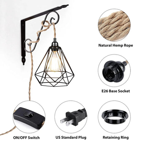 Plug In Hanging Pendant Light Fixture With 15 Ft Hemp Rope Cord, E26 Socket, Inline Switch, Industrial DIY components shown