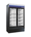 Two-Door Glass Merchandiser Refrigerator In Black 29 Cu Ft Capacity Digital Temperature Controls With LED Readout Frost Free 8 Adjustable Coated Shelves