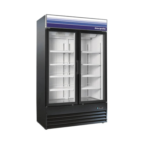Two-Door Glass Merchandiser Refrigerator In Black 29 Cu Ft Capacity Digital Temperature Controls With LED Readout Frost Free 8 Adjustable Coated Shelves