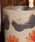Slick Handmade Vessel Sink For Bathroom With Faucet And Drain Hole Indoor Outdoor Use Overflow Protection detailed view with floral design.