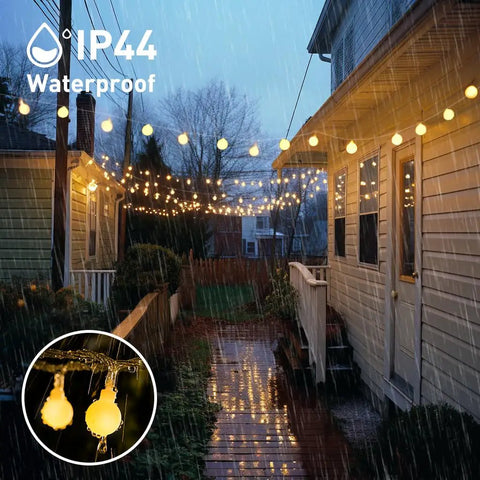 Outdoor display of 100 LED Globe String Lights Indoor Outdoor 33ft Warm White With Remote Connectable Fairy Lights