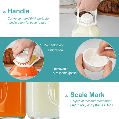 64 Oz Heavy Duty Glass Milk Bottle With Airtight Screw Cap Reusable One Half Gallon Water Bottle With Scale Lines 2 Qt Glass Milk Jug Pitcher Includes Extra Gaskets And Handle showcasing handle and airtight seal