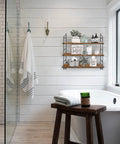 Farmhouse Wall Shelf Rustic Floating Shelves 24 Inch mounted in bathroom, holds decor items, sturdy MDF and steel design, no sag display