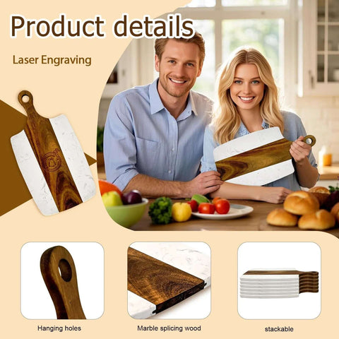 Six-pack marble and wood cutting boards with acacia wood and white marble, with handles; stackable for laser engraving