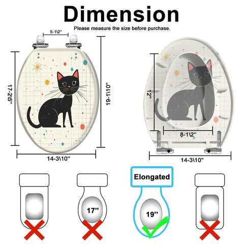 Dimensions diagram of Slow Close Elongated Toilet Seat Resin Black Bathroom Replacement with cat design.