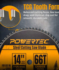 Close-up of 14 Inch Cold Saw Blade For Metal Cutting With 66 Teeth TCG Cemented Carbide, 1 Inch Arbor, 2.2mm Kerf