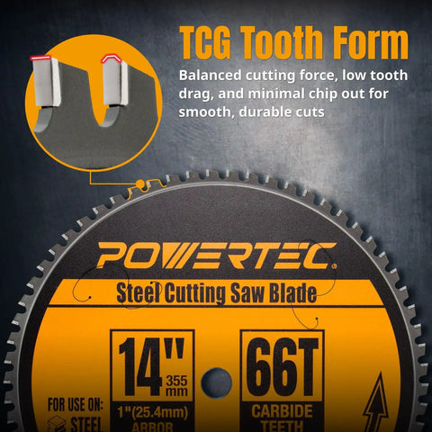 Close-up of 14 Inch Cold Saw Blade For Metal Cutting With 66 Teeth TCG Cemented Carbide, 1 Inch Arbor, 2.2mm Kerf