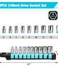 Quarter Inch Drive 10 Piece Metric Socket Set with 6-Point Shallow Sockets Pro Grade Tough Cr-V Steel, sizes 4mm to 13mm on rail
