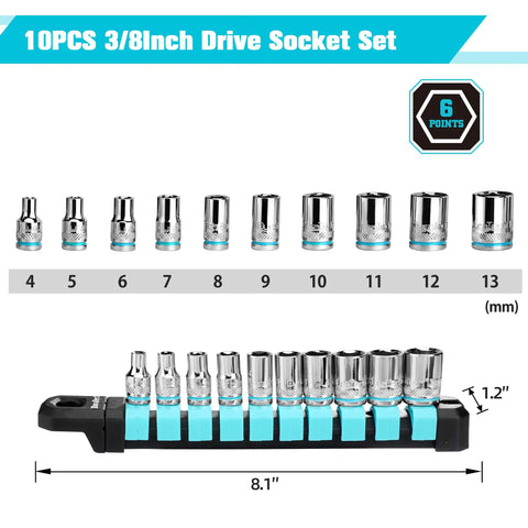 Quarter Inch Drive 10 Piece Metric Socket Set with 6-Point Shallow Sockets Pro Grade Tough Cr-V Steel, sizes 4mm to 13mm on rail