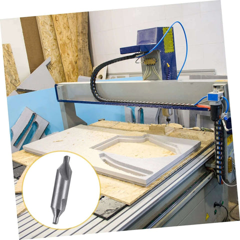 Center drill bit, 60° high-speed steel, inset beside a CNC router cutting a wooden workpiece.