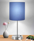 Touch Control Table Lamp Blue Shade Three Way Dimmable Lamp With Two Fast Charging USB Ports And Power Outlet on wooden table