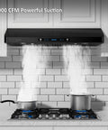 36 Inch Range Hood With 900 CFM Dual Motors Black Under Cabinet Kitchen Vent Hood Featuring Four Speed Gesture Sensing And Touch Control Panel For Ultra Quiet Powerful Smoke And Odor Removal installed above stove in kitchen