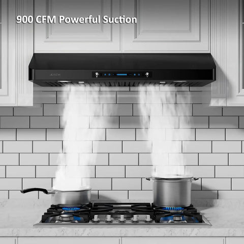 36 Inch Range Hood With 900 CFM Dual Motors Black Under Cabinet Kitchen Vent Hood Featuring Four Speed Gesture Sensing And Touch Control Panel For Ultra Quiet Powerful Smoke And Odor Removal installed above stove in kitchen