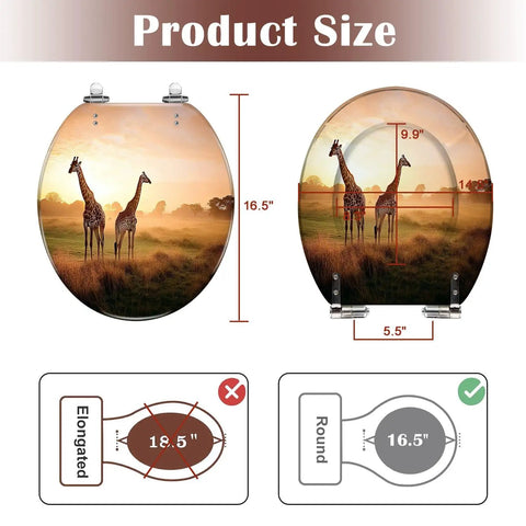 Generic Round Resin Toilet Seat for Bathroom showing dimensions 16.5x14.5 inches with giraffe design, suitable for round toilets.