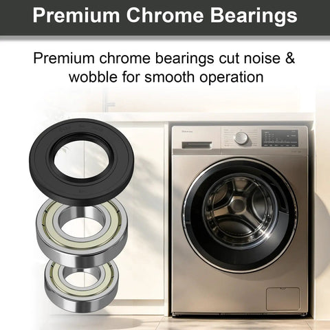 Heavy Duty Front Load Washer Bearing And Seal Kit components including chrome bearings and rubber seal near a washer.