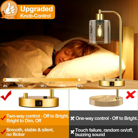 Gold Industrial Table Lamp Set With USB Port, Dope Stepless Dimmable Bedside Lamps beside sleeping child