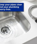 Wipe Out Stubborn Hair Clogs Fast With This Flexible Metal Drain Snake 10 Foot Auger Clears Sink Shower And AC Lines Quick So Your Pipes Run Smooth Every Single Time, shown in stainless steel sink with water swirling.