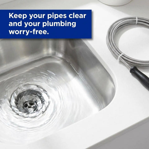 Wipe Out Stubborn Hair Clogs Fast With This Flexible Metal Drain Snake 10 Foot Auger Clears Sink Shower And AC Lines Quick So Your Pipes Run Smooth Every Single Time, shown in stainless steel sink with water swirling.