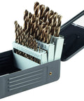 Gold Oxide Drill Bit Set 29 Piece With Included Case For Wood Plastic And Light Gauge Metal displayed in open metal case.