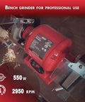 No-Nonsense Bench Grinder Featuring Quiet Brushless Motor 550 Watt Spinning At 2950 Rpm with sparks while sharpening metal.