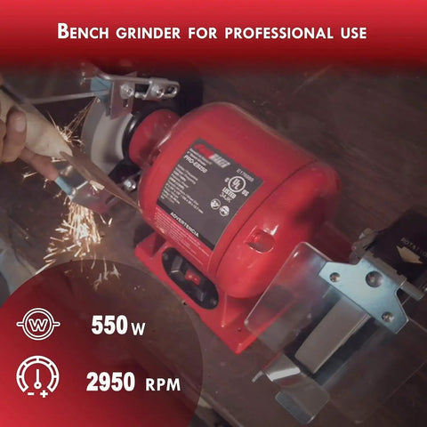 No-Nonsense Bench Grinder Featuring Quiet Brushless Motor 550 Watt Spinning At 2950 Rpm with sparks while sharpening metal.