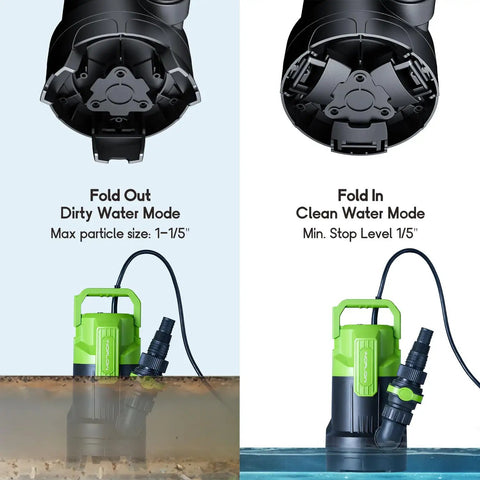 Two modes of the Three-Quarter HP Submersible Sump Pump Delivers Up To 3430 GPH For Quick Pool Draining, Dirty and Clean Water