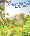 Person using a weed wacker in a garden with text overlay promoting trimmer line efficiency.