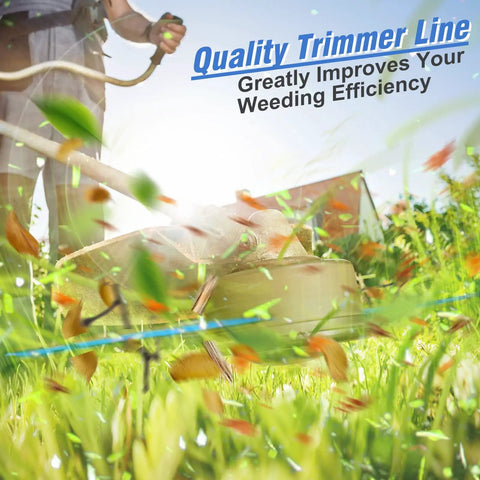 Person using a weed wacker in a garden with text overlay promoting trimmer line efficiency.