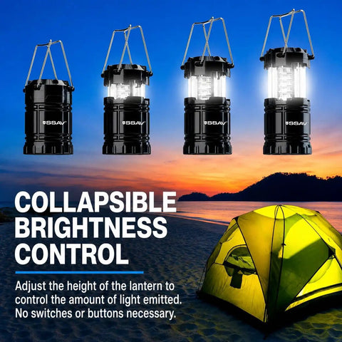 Bright LED Camping Lantern For Power Outages And Hurricane Prep, Collapsible Portable Survival Light at sunset beach with tent