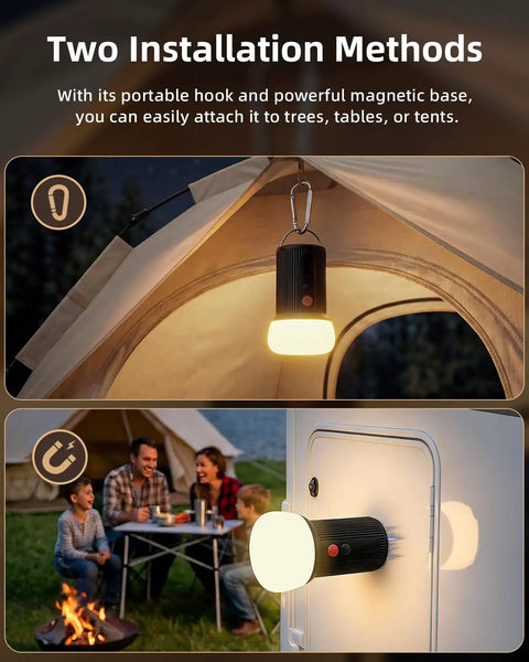 Rechargeable LED Camping Lantern With 6000mAh Battery Emergency Outdoor Tent Light shown with hook and magnetic base options