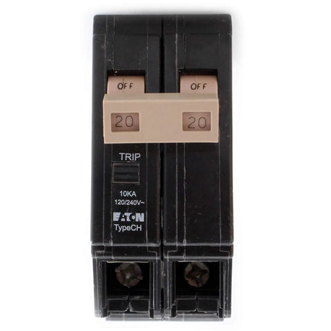 Double Pole 20 Amp Circuit Breaker With Standard Trip For Your Electrical Panel black Type CH breaker, front view
