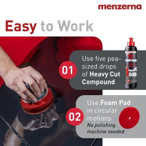 Instructional image showing Menzerna Heavy Cut Polishing Compound being applied with a foam pad in circular motions on a car surface.