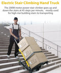 Heavy Duty Electric Stair Climbing Hand Truck Dolly Cart With 6 Wheels Powers Up To 220 Lbs transporting boxes down stairs.