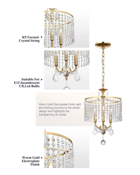 Gold Crystal Pendant Light Showstopper With 13 Inch Hanging String Modern Art Deco Chandelier In Warm Gold Frame For Kitchen Island Living Room Or Hallway E12 Base Luxe Mid Century Modern Style Lighting Fixture