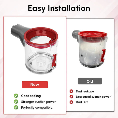 Comparison of new and old replacement dust bin parts for vacuum cleaners beef up suction compatible with V7 V8 SV10 SV11.