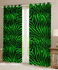 Light Green And Black Zebra Print Blackout Curtains 52W X 63L, 2 Panel Set With Easy Slide Grommets, installed in a living room